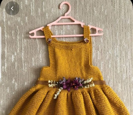 Kız bebekler için balon etekli kiloş örgü sarı bebek elbisesi modeli tarifi açıklamalı