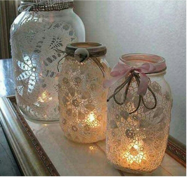 Dantel ile cam kavanoz süsleme mumluk yapımı dekorasyon fikirleri