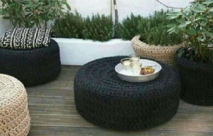 Araba tekerleği ile yapılmış örgü puf modeli yapılışı