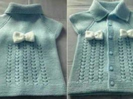 Yakalı önden diğmeli örgü bebek yeleği modeli yapılışı anlatımlı