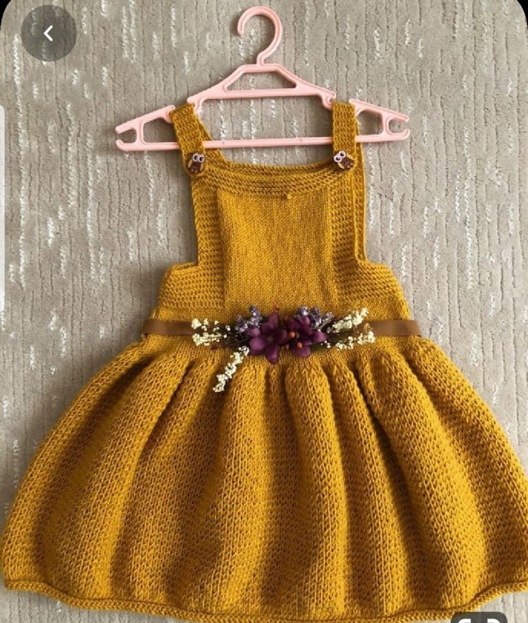 Kız bebekler için balon etekli kiloş örgü sarı bebek elbisesi modeli tarifi açıklamalı