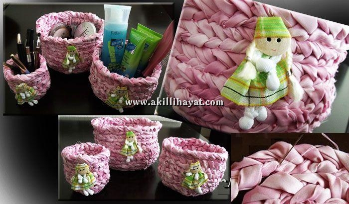 Kumaş ve kurdele örgüsüyle sevimli sepetler yapabilirsiniz...