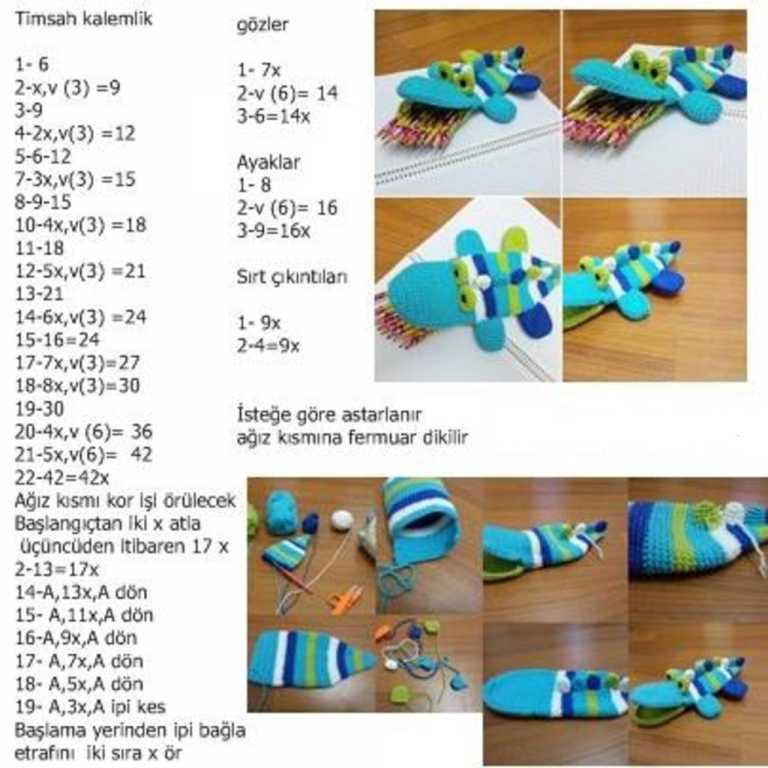 Amigurumi tekniği ile örülmüş örgü timsah kalemlik modeli yapılışı- anlatımlı
